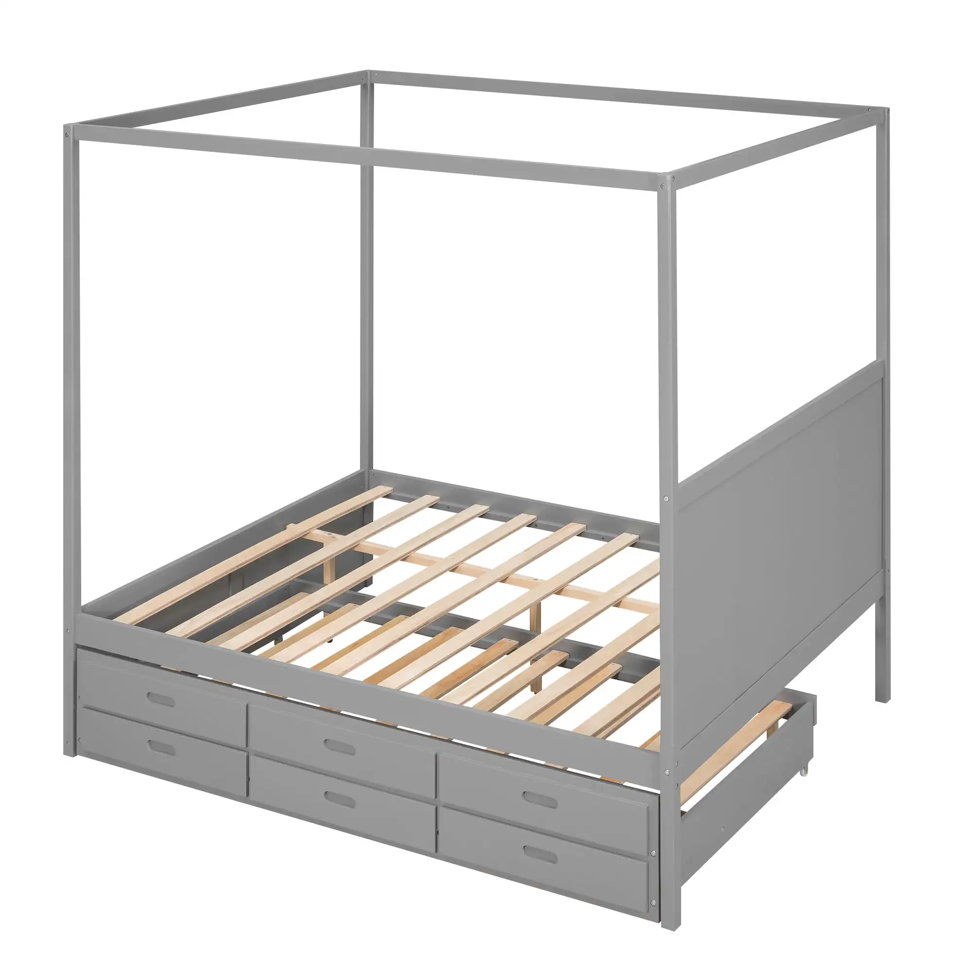 Queen Size Canopy Platform Bed with Trundle Bed and Drawers, Solid Wood Canopy Bed Frame with 3 Storage Drawers