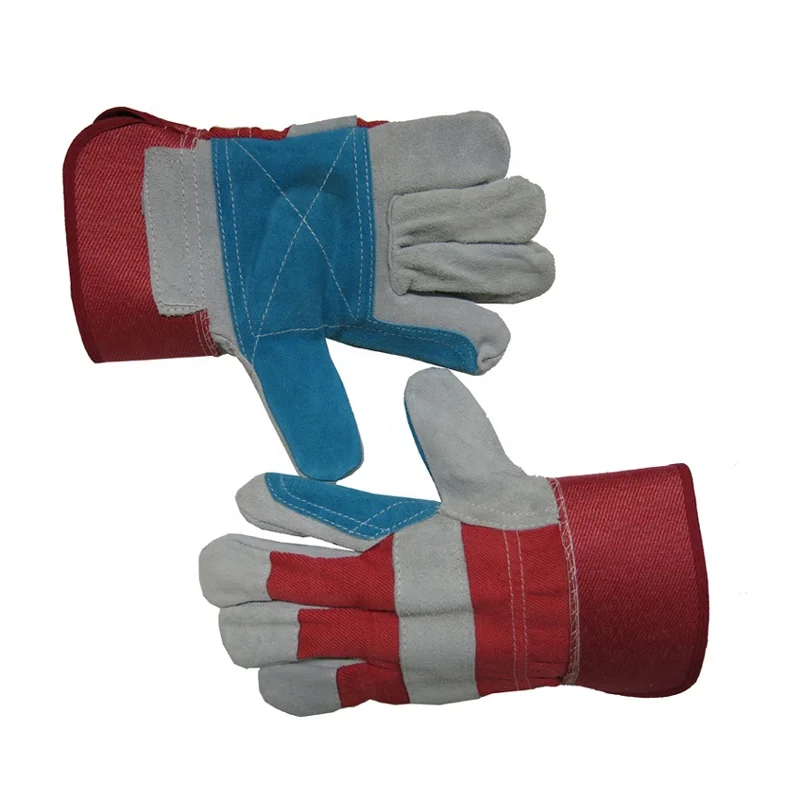 Yellow cow split leather Patch palm Yellow cotton drill back.Rubberized cuff.Half lining gloves luvas guantes Warehouse