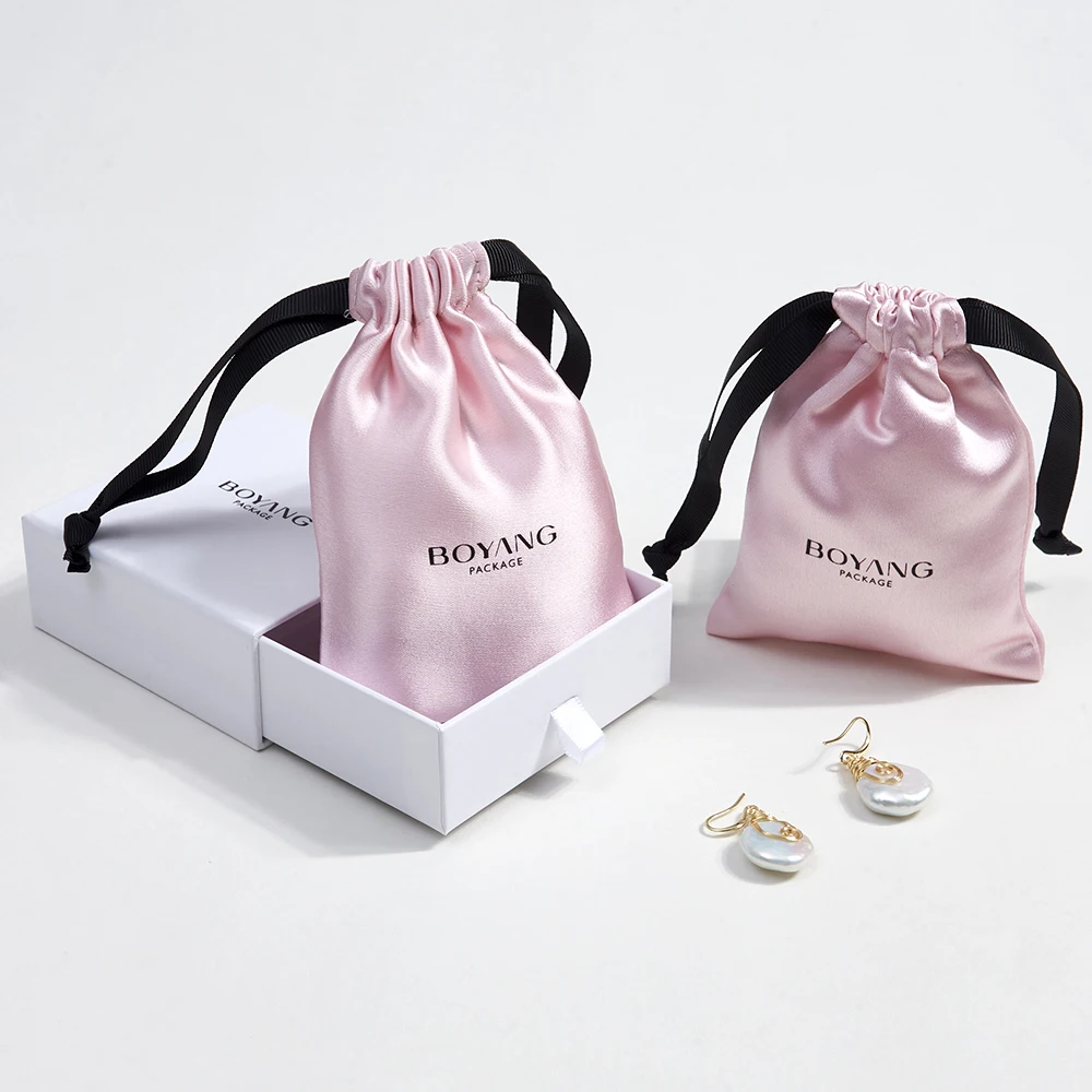 Boyang Wholesale Small Drawstring Pink Silk Satin Jewelry Pouch Bag Custom Logo