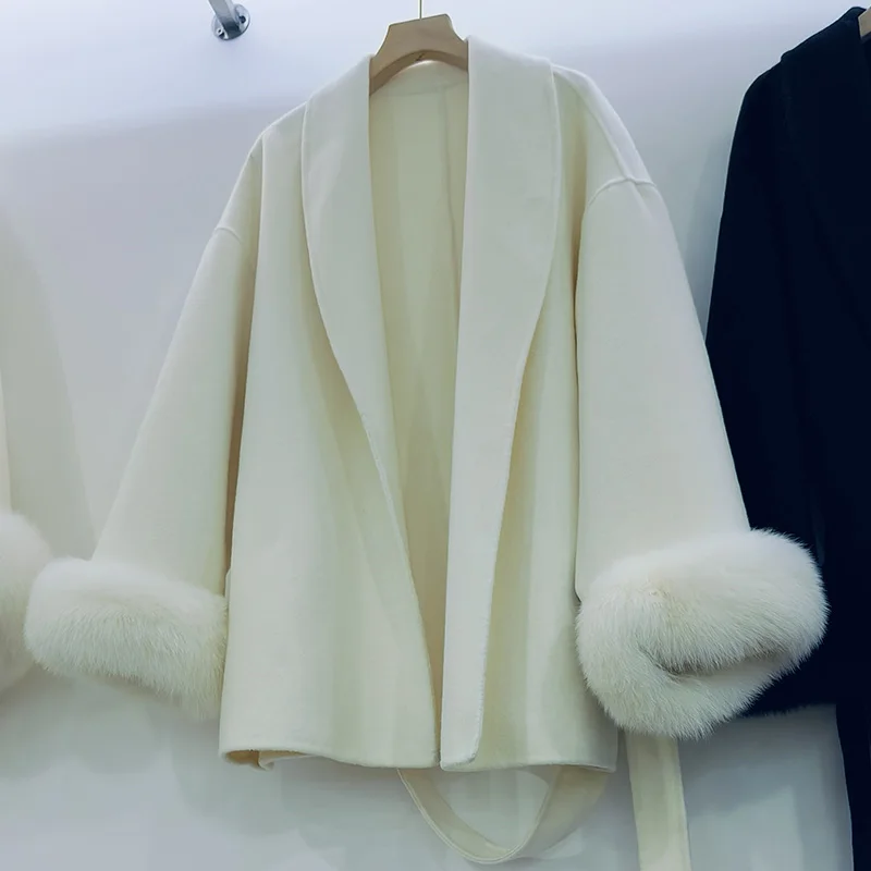 Plus Size Women Oversized Wool Coat With Real Fox Fur Cuff Long Sleeve Loose Wool blended Jacket With Belt Female Outwear