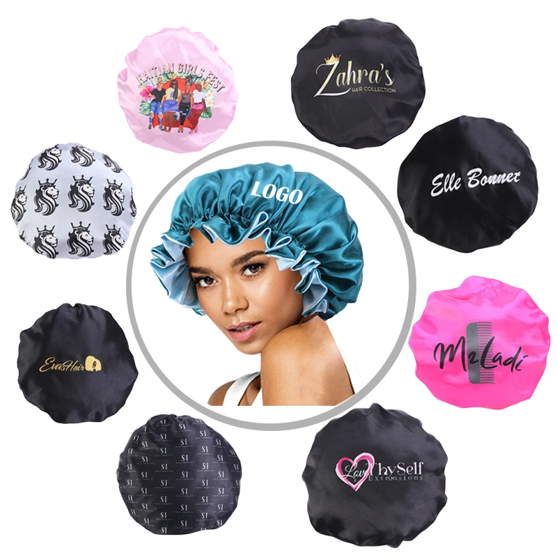Частные, сделанные на заказ, двухслойные атласные шапки, Двусторонние Шапки для сна, атласные шапки для волос с логотипом на заказ