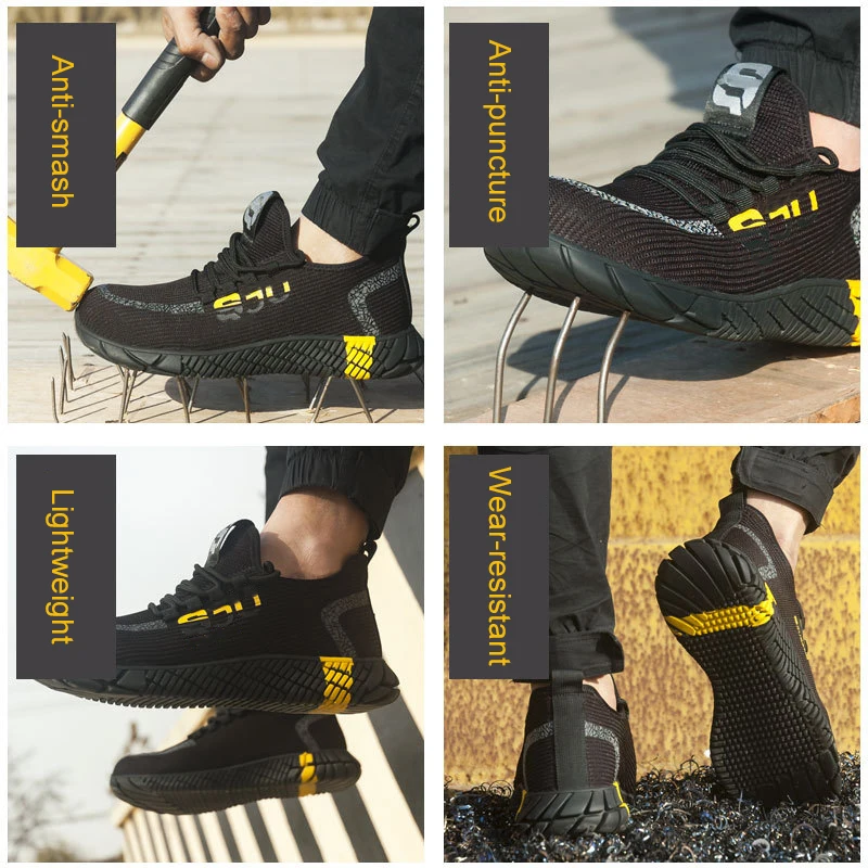 Flying weave stylish men work safety shoes lightweight breathable mesh net shoes safety