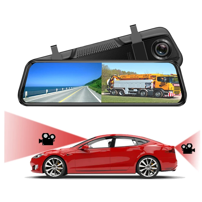 9.66 Inch Full Touch Screen 1080P Car DVR Dash Camera Dual Lens Rearview Mirror With 1080P Rear Camera