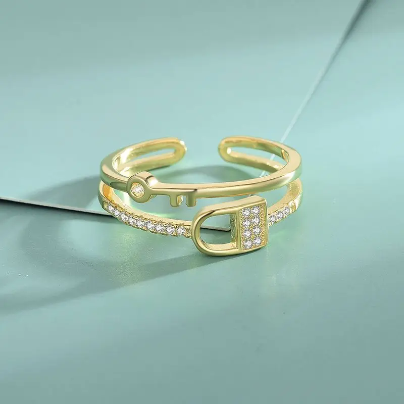 Cheap wholesale sterling silver 925 jewelry gold plated rings double layer line key lock open ring