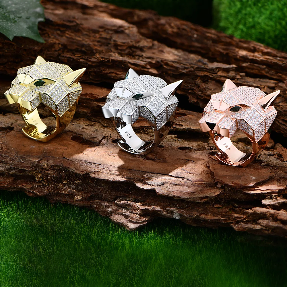 New full diamond leopard head ring, luxurious banquet in Europe and America, high-end pure silver wedding jewelry