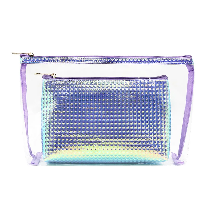 Custom logo waterproof mermaid wash pouch carry-on hand bag women holographic mini 2 in 1 clear zipper cosmetic makeup bag pouch