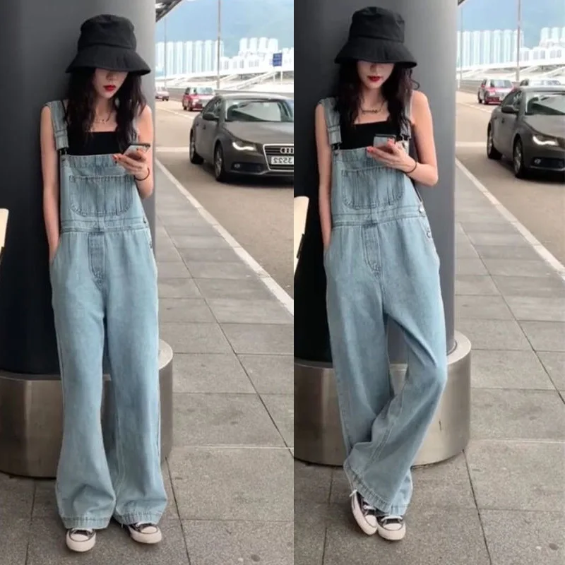 Summer 2022 Korean Style Pants Loose Wide Leg Jumpsuits Casual All Match Plus Size Women Jeans Vintage Denim Overalls Women
