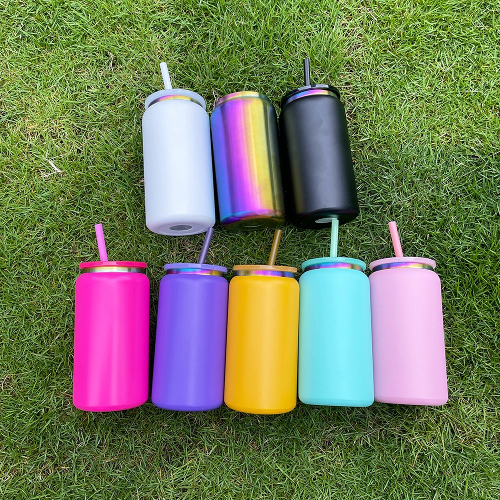 powder coated rainbow plated double wall 16oz metal beer can tumbler with pp lid and straw for laser engrave