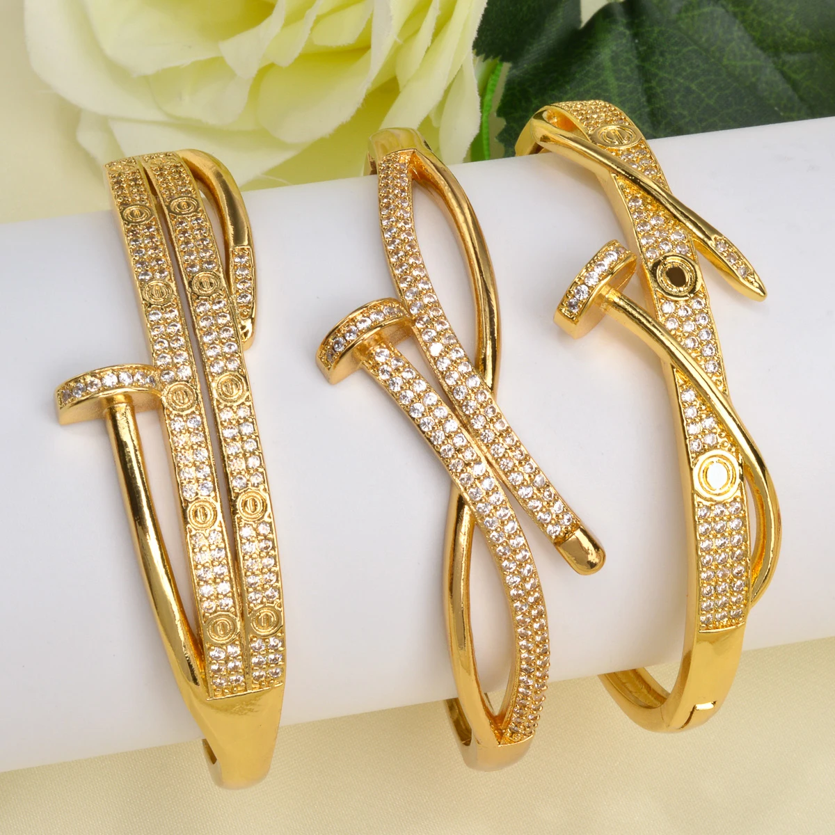 Waterproof Tarnish Free Jewelry 18K gold plated Copper Couple Women Full Diamond Zircon Nail Bracelet set