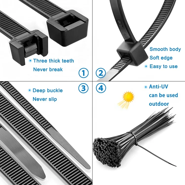 Factory Price Free Sample Plastic Self-locking Zip Ties Black 100% Nylon Cable Ties 4.8*200mm
