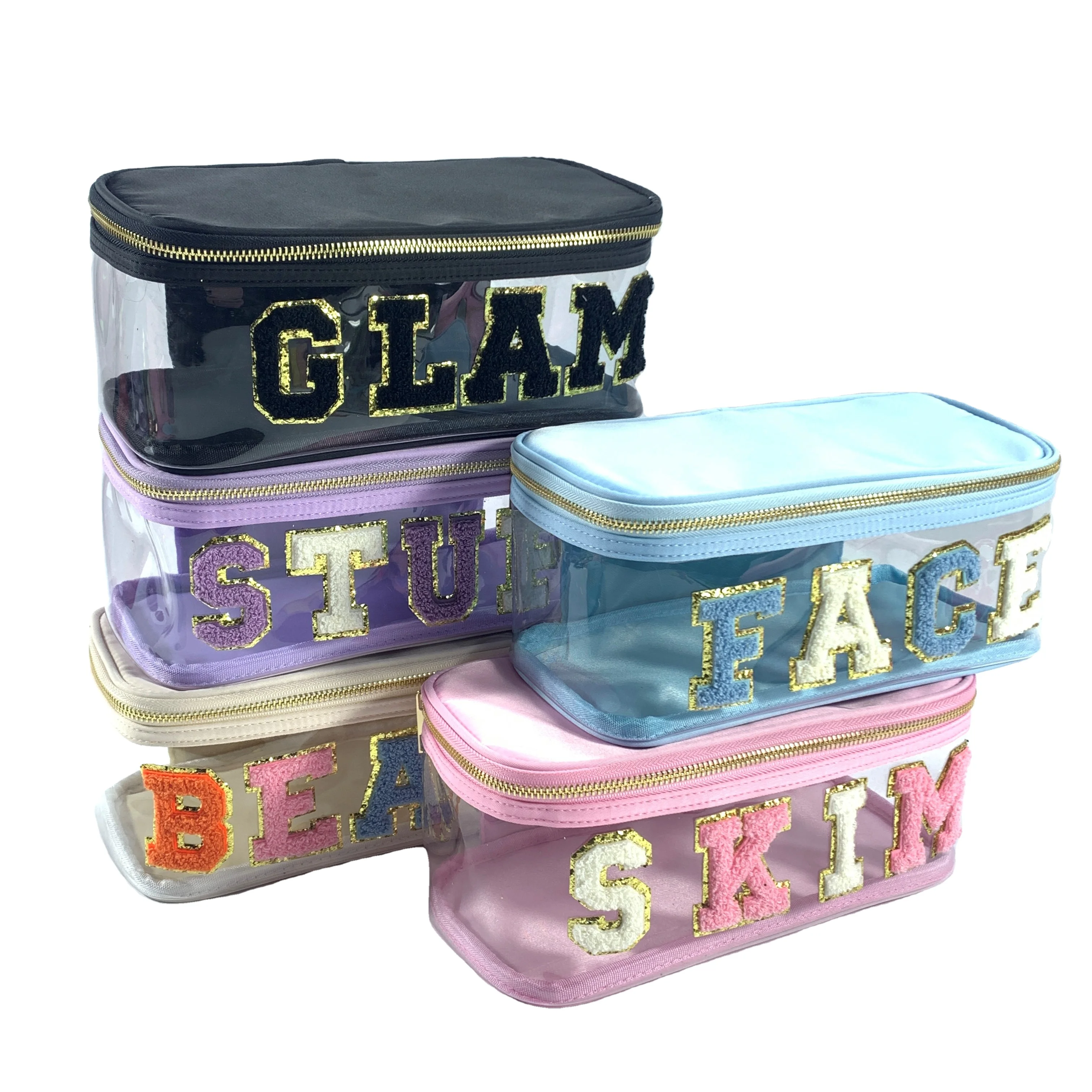 Custom letter patches PVC Travel Nylon Custom Pink Color Clear Make Up Bag Transparent Women Cosmetic Bags