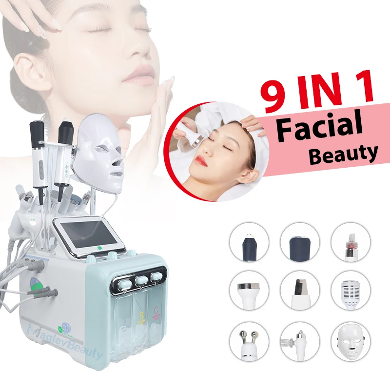 9 In 1 Facial Beauty Oxygen H2O2 Facial Dermabrasion Peeling Machine Small Bubble Vacuum Massager Phototherapy Skin Tightening