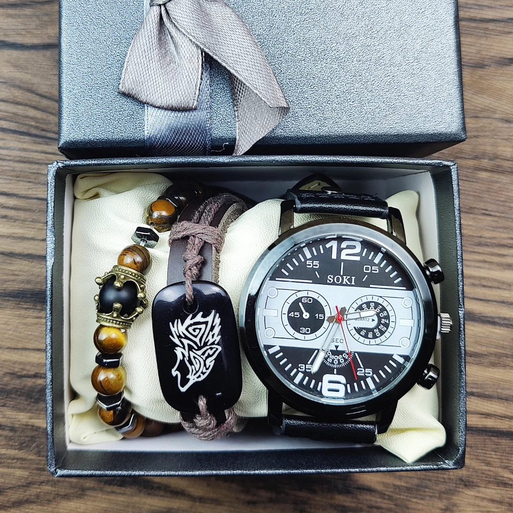 Watches set Bracelet Men watch set with box Sport men wrist Leather Strap Quartz Watch wholesale Business Wristwatch