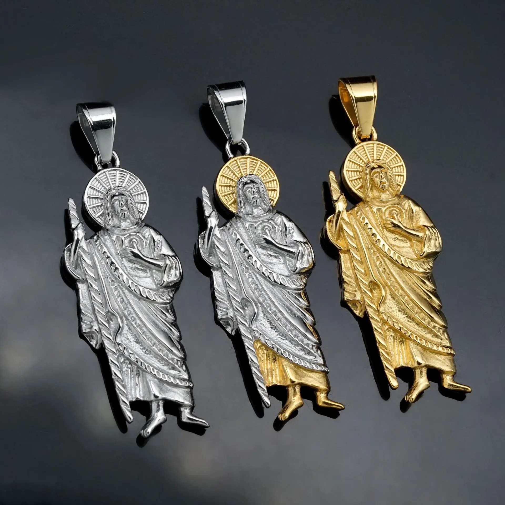 Religious Gold Plated San Judas Pendant and Rope Chain Statement Necklace Stainless Steel St Saint Jude Pendant Necklace