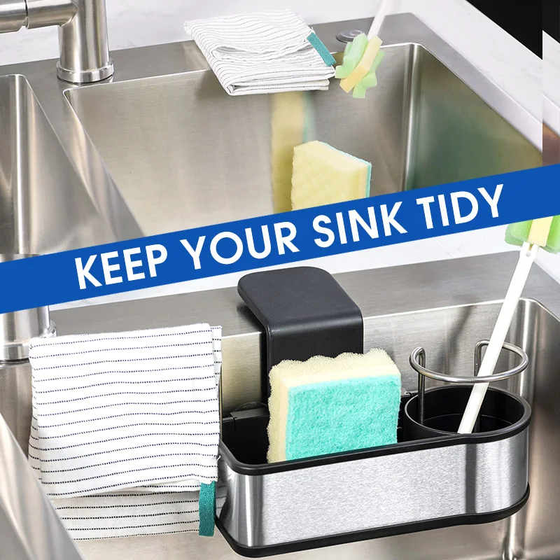 WIREKING Stainless Steel Sink Caddy Sponge Holder 3-In-1 Suction Cup Hanging Sponge Cloth Brush Holder Sink Caddy Organizer Rack
