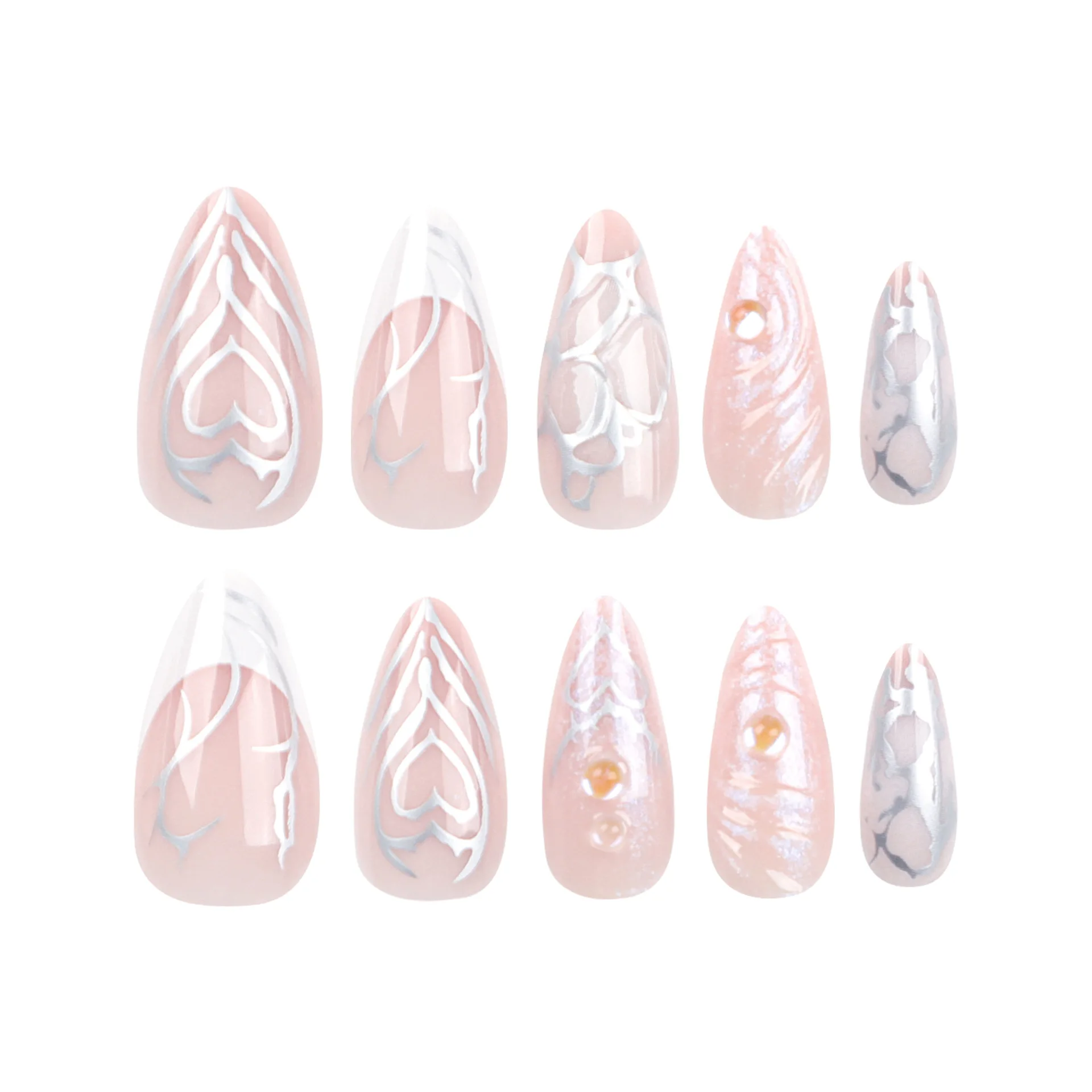 3d press on nails cool white aurora design almond short metallic feel french style art nails