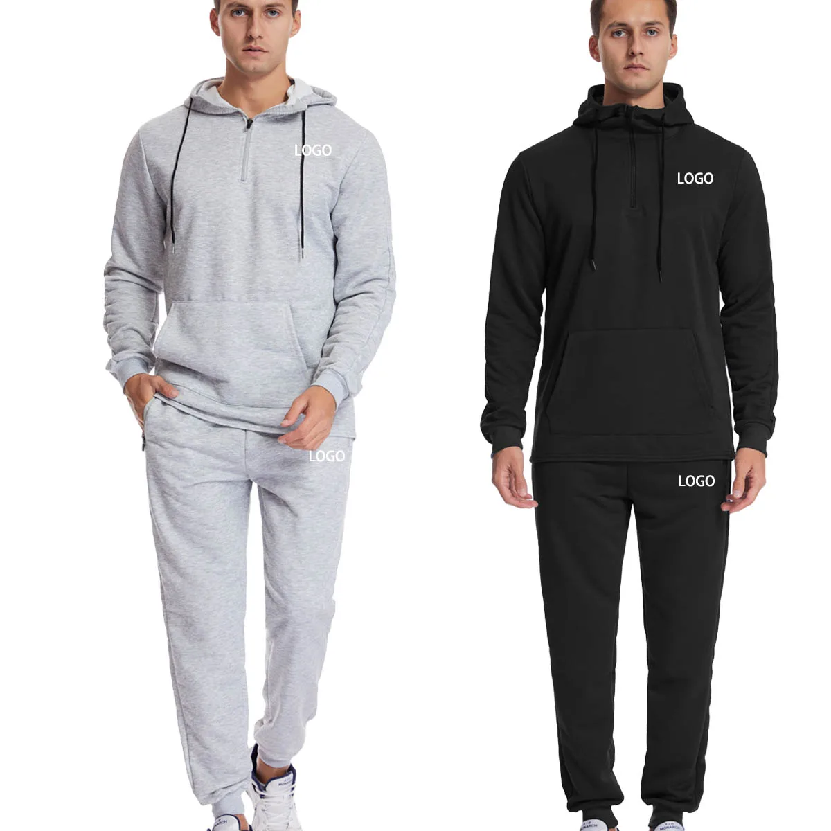 Custom Half Zipper Pullover Hoodie Sweatshirt Tapered Sweat Jogger Pants Set Polyester Solid Tracksuit training jogging wear
