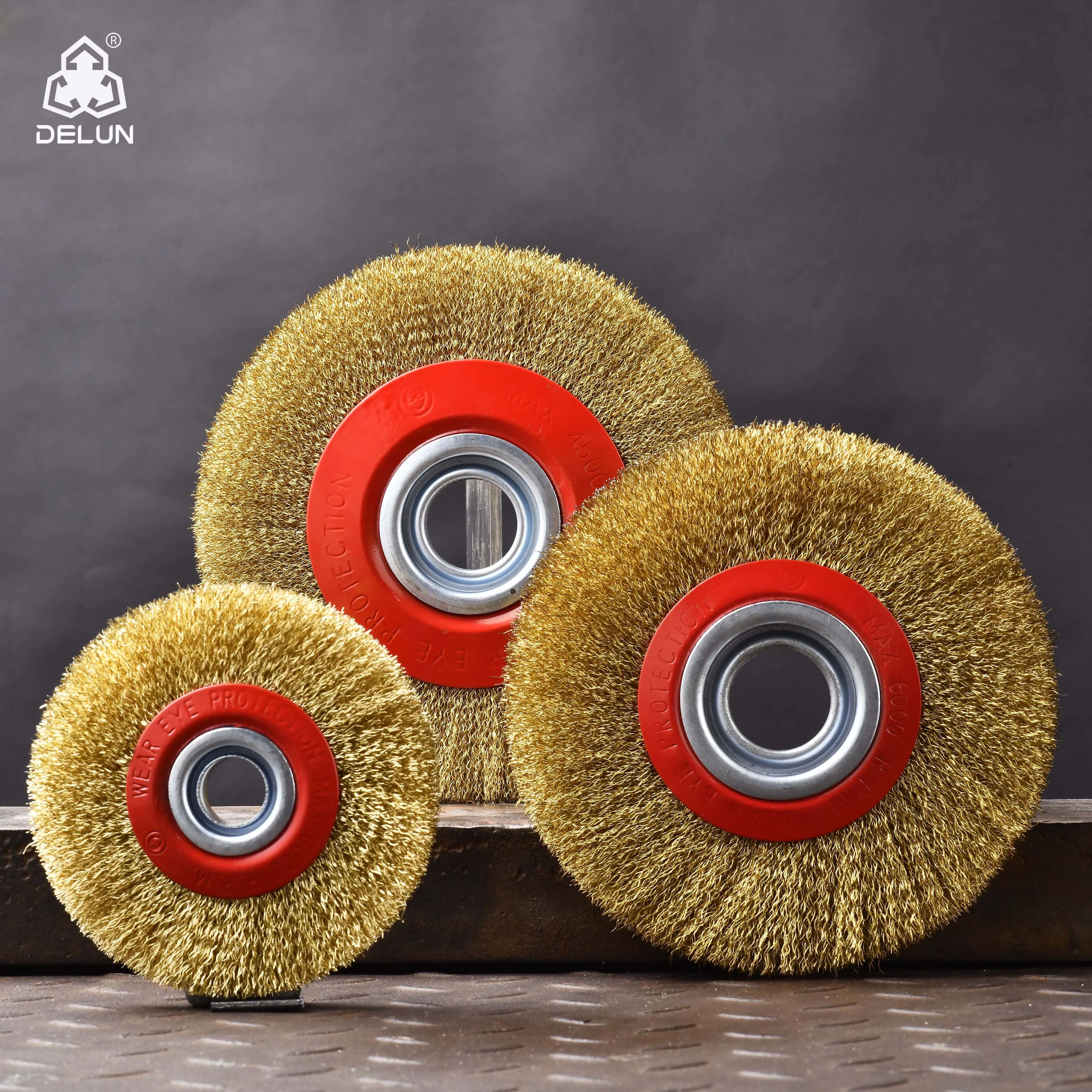 DELUN 100mm 4-Inch Crimped Wheel Circular Brass-Coated Steel Flat Round Shape Wire Brush for polishing