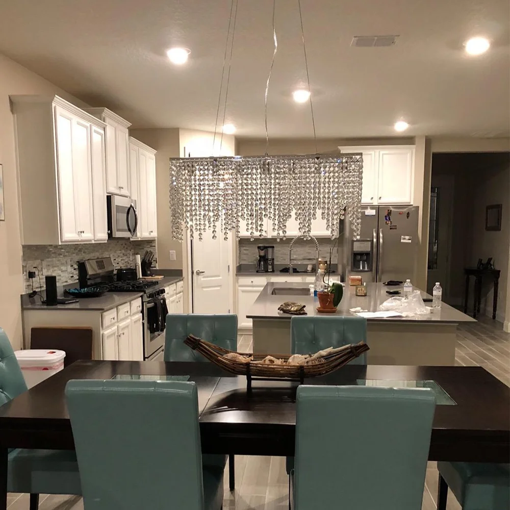 modern linear island dining room clear k9 crystal LED glass pendant light Iron Rectangle hanging lamp chandelier