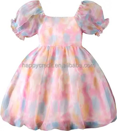 High Quality Tie Dye Ball Gown Square Neck Short Puff Sleeve Flared Hem High Waist girls Organza Dress