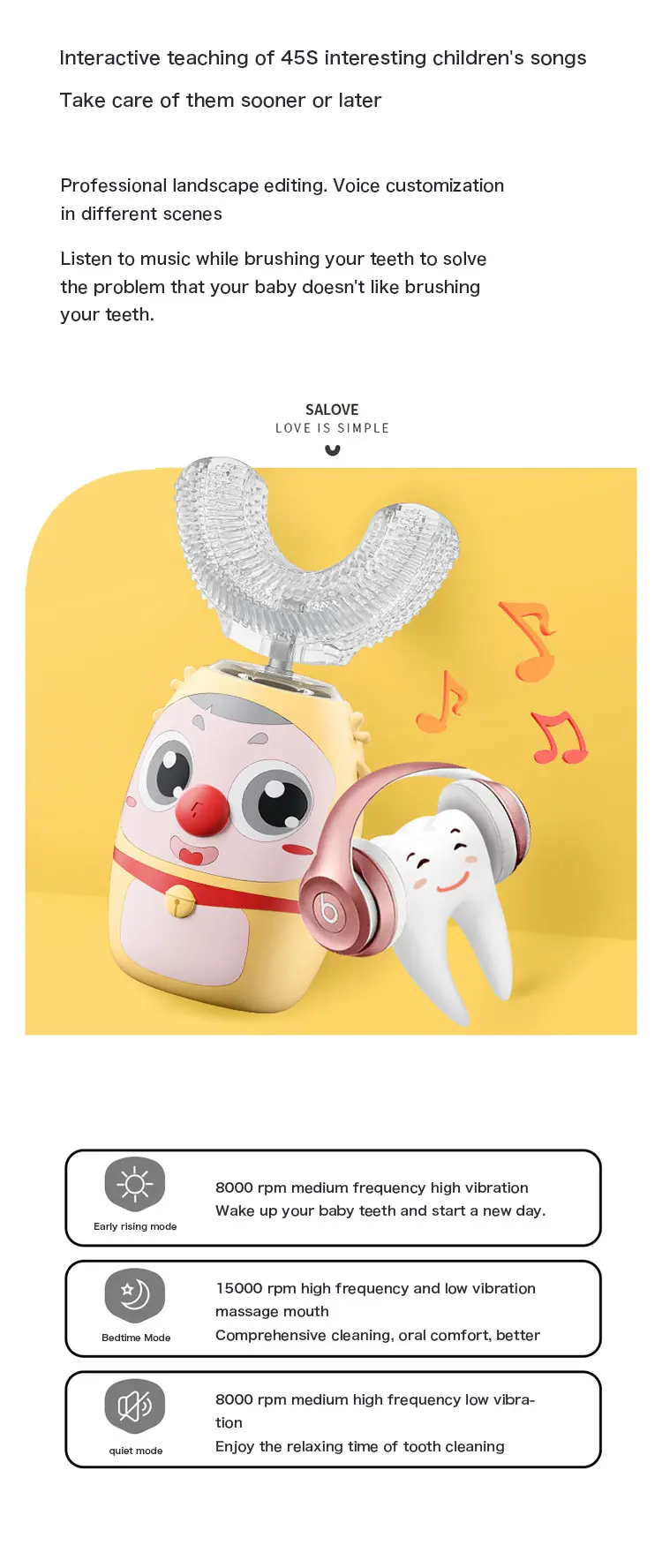 Cute mini U Shape 360 degree wapiti cartoon Toothbrush for Kids Ultrasonic U brush Gum Massage Tooth Care