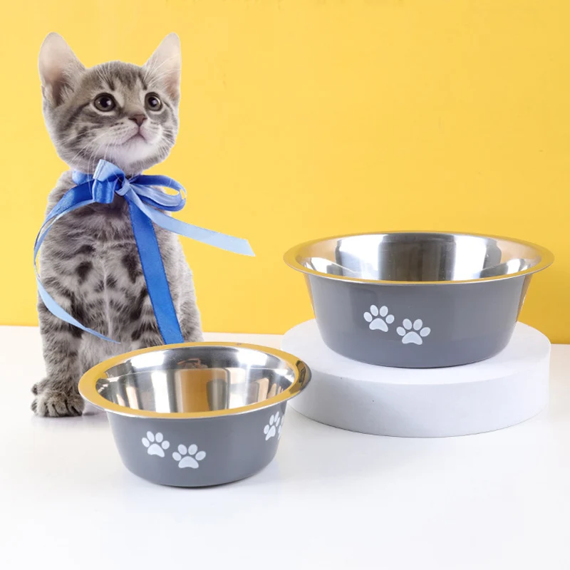 New stainless steel printing pet feeder  creative non-slip cat and dog food bowl pet water bowl cute dog paw bowl