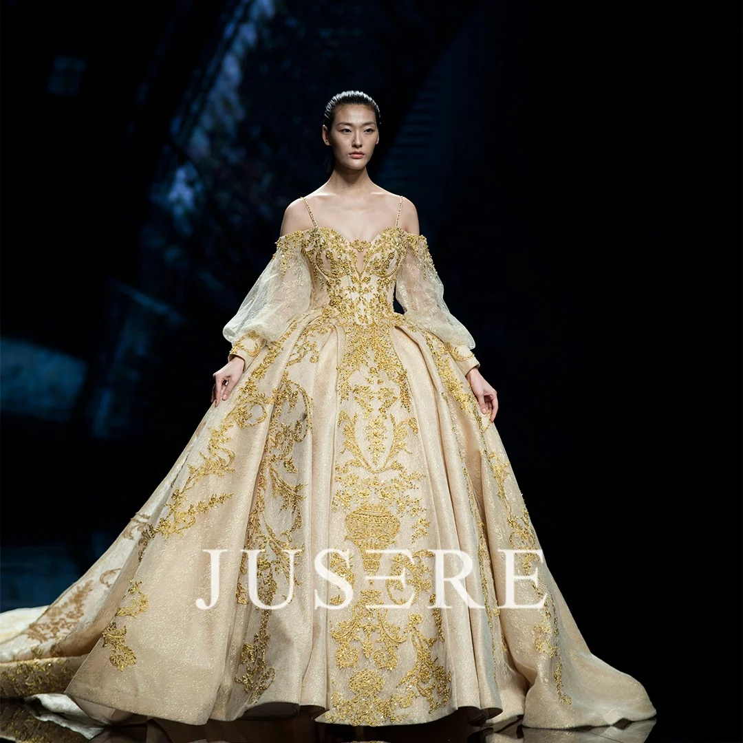 Luxury Heavy Golden Embroidery Royal Wedding Dubai Cathedral Train Ball Gown Wedding Dresses