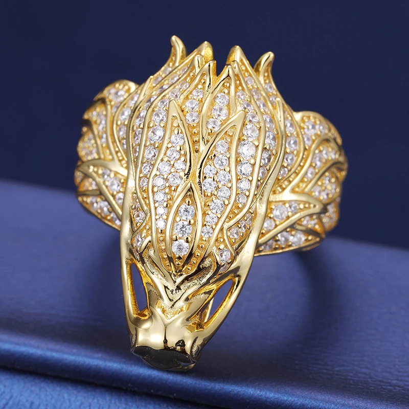 Designer New Inspiration Design Men Street Hip Hop Style Ring Brass 18K Gold Plated  Factory Direct Zirconia Dragon Head Ring