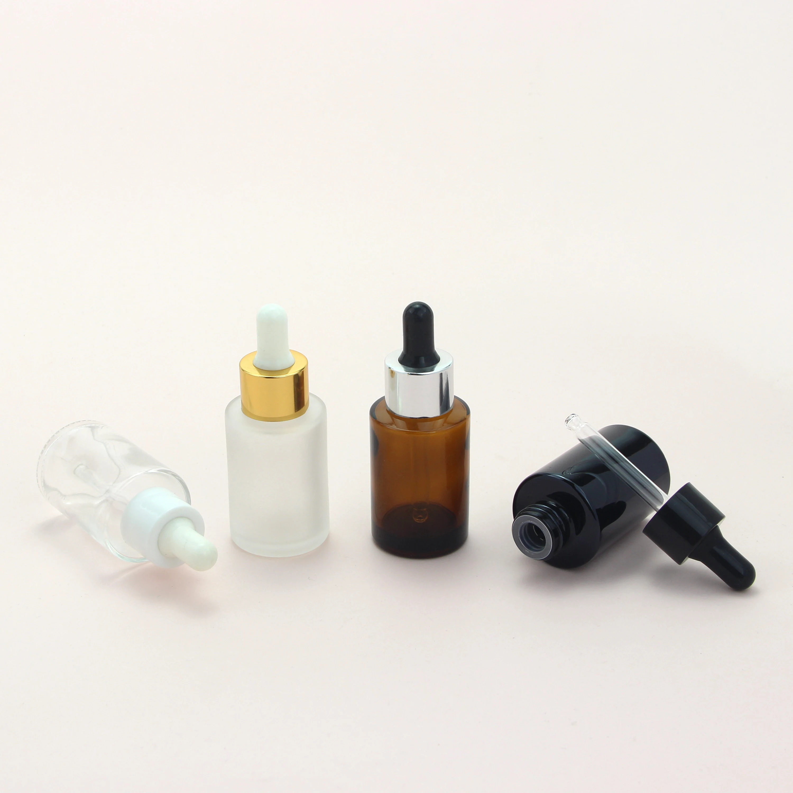 Wholesale 30ml 1oz Face Serum Oil Bottles Clear Frosted Amber Black Flat Shoulder Glass Dropper Bottle