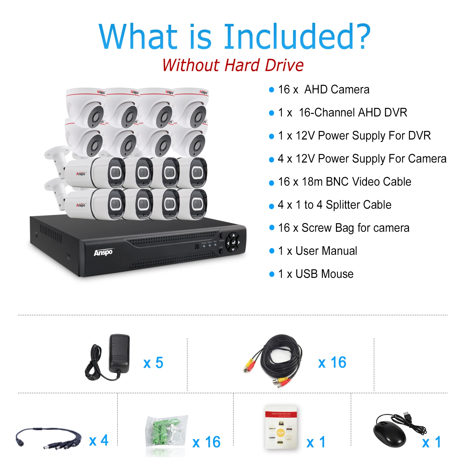 AHD 16 Channel 5 MP 1080P CCTV CAMERA Kit XVR Outdoor Security Camera System With Audio 16CH  8PCS OUTDOOR & 8PCS INDOOR PACKAGE