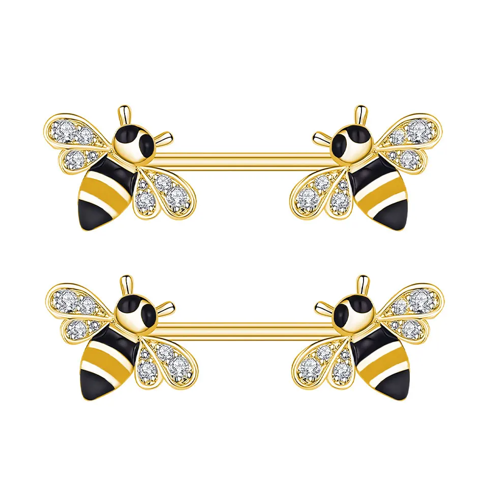 Stainless Steel Nipple Tongue Rings Bee Barbell Yellow Nipple Piercing Jewelry Body Retainer 14G