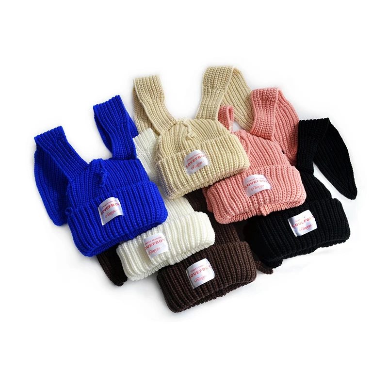 New Stylist Double Layer Thickening Rabbit Ear Knit Hats with Cloth Tag Luxury Beanie for Women