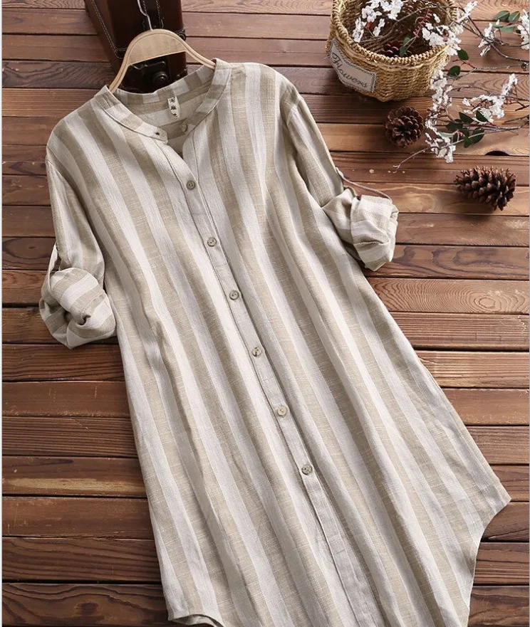 Women Long Style Shirts Striped Spring Autumn Blouse Tops Clothes Loose Long Sleeve Lapel Button Casual Shirt