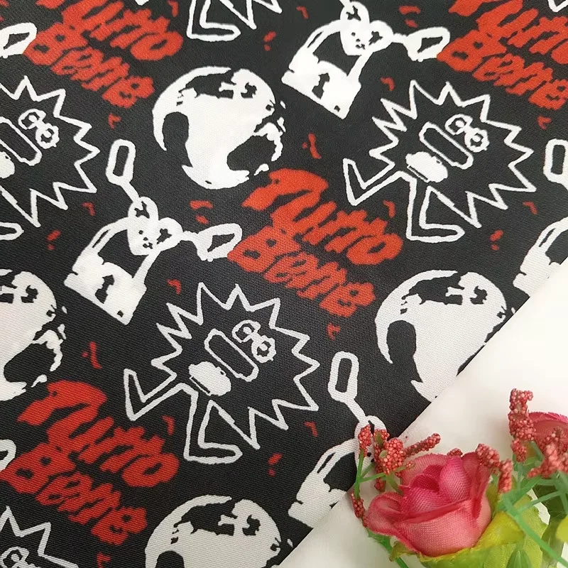 YH8-8498 Kuangheng Textile Hot Sale Cool Skull Printed Lining Black Color Polyester Silk Smoothly Lining For Suit And Coat