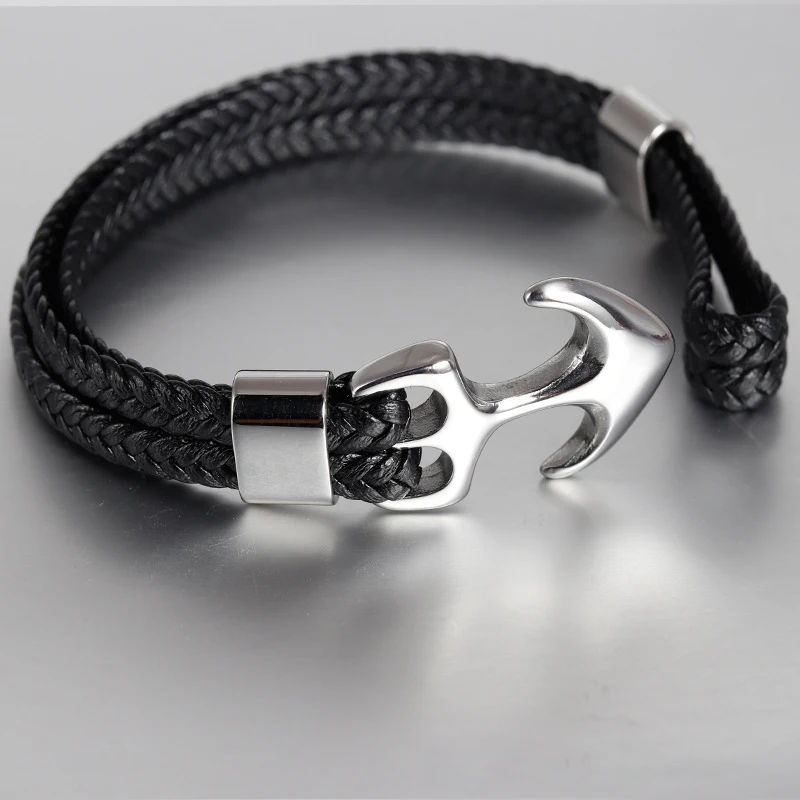 Fashion Jewelry Brown Color Multi Layer Vintage Woven Leather Rope Anchor Stainless Steel Bracelet For Men