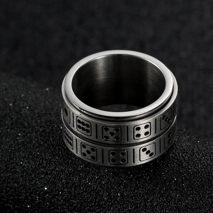 Creative Jewelry Funny Double Layer Round Loop Spin Finger Ring Silver Stainless Steel Engraved Grain Dice Game Ring