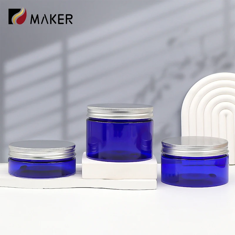 Empty PET 100ml 150ml 200ml 300ml Wide Mouth Blue Round Recycled Plastic Cosmetic Jar Box With Lid For Hair Cream Body Scrub