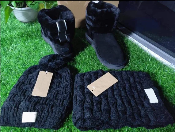 Factory ready to ship furry fur women adults designer snow boots winter hat and scarf set