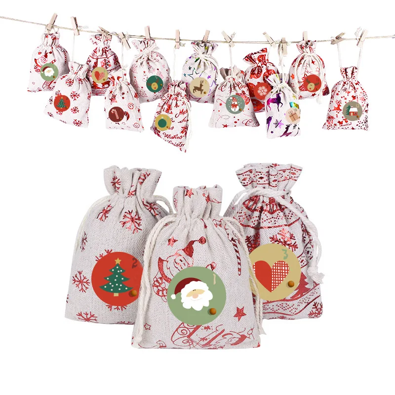 24pcs set Gold stamp printing linen cotton drawstring bag jewelry pouches party festival candy bags christmas gift bags