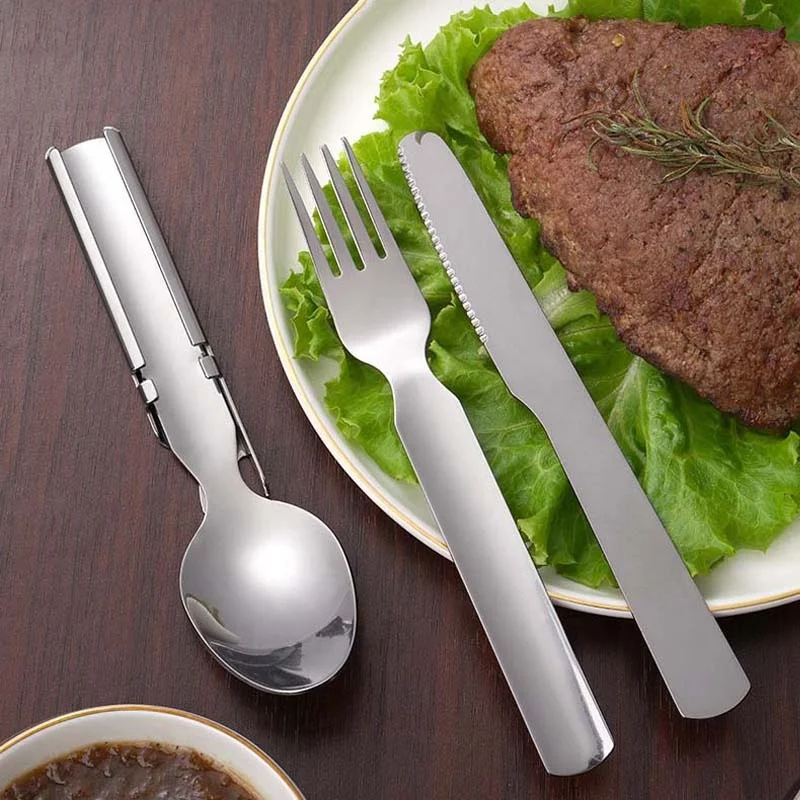 travel hiking reusable eco camping stainless steel beer opener knife spoon fork portable cutlery set with steel case
