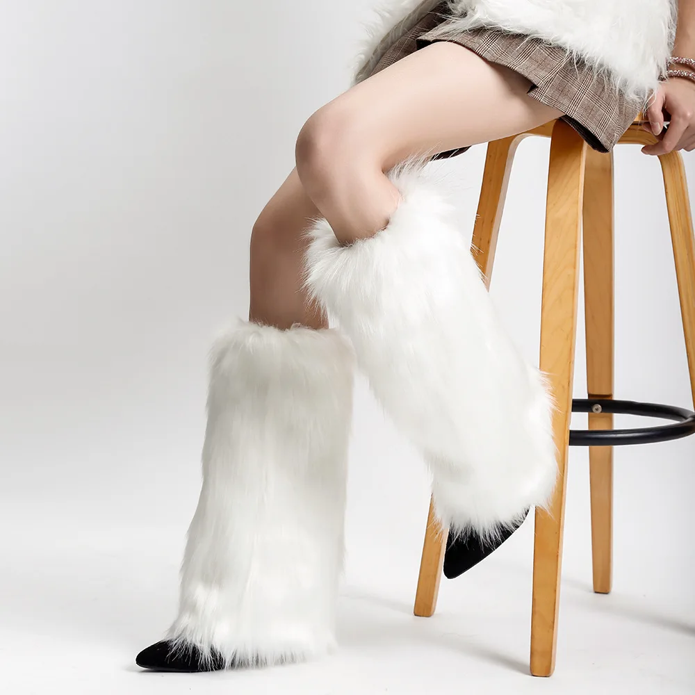 PDEP Imitation fur boot covers hairy fall and winter plush leggings kneecap  long fox hair shoe covers