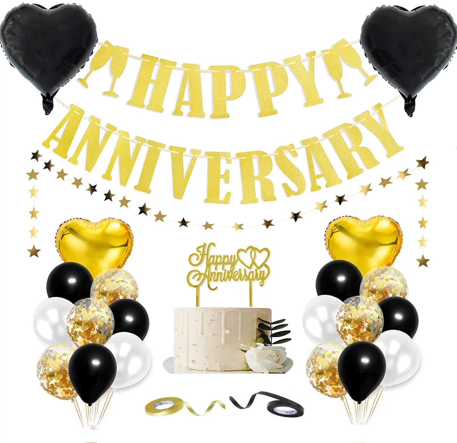 Happy Anniversary wedding balloon decoration set with banner cake topper foil heart shape red confetti balloons
