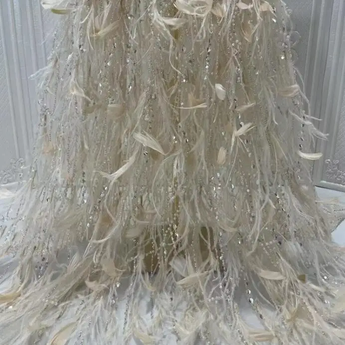 tela de encaje de luxury feather embroidery bead pearl lace fabric