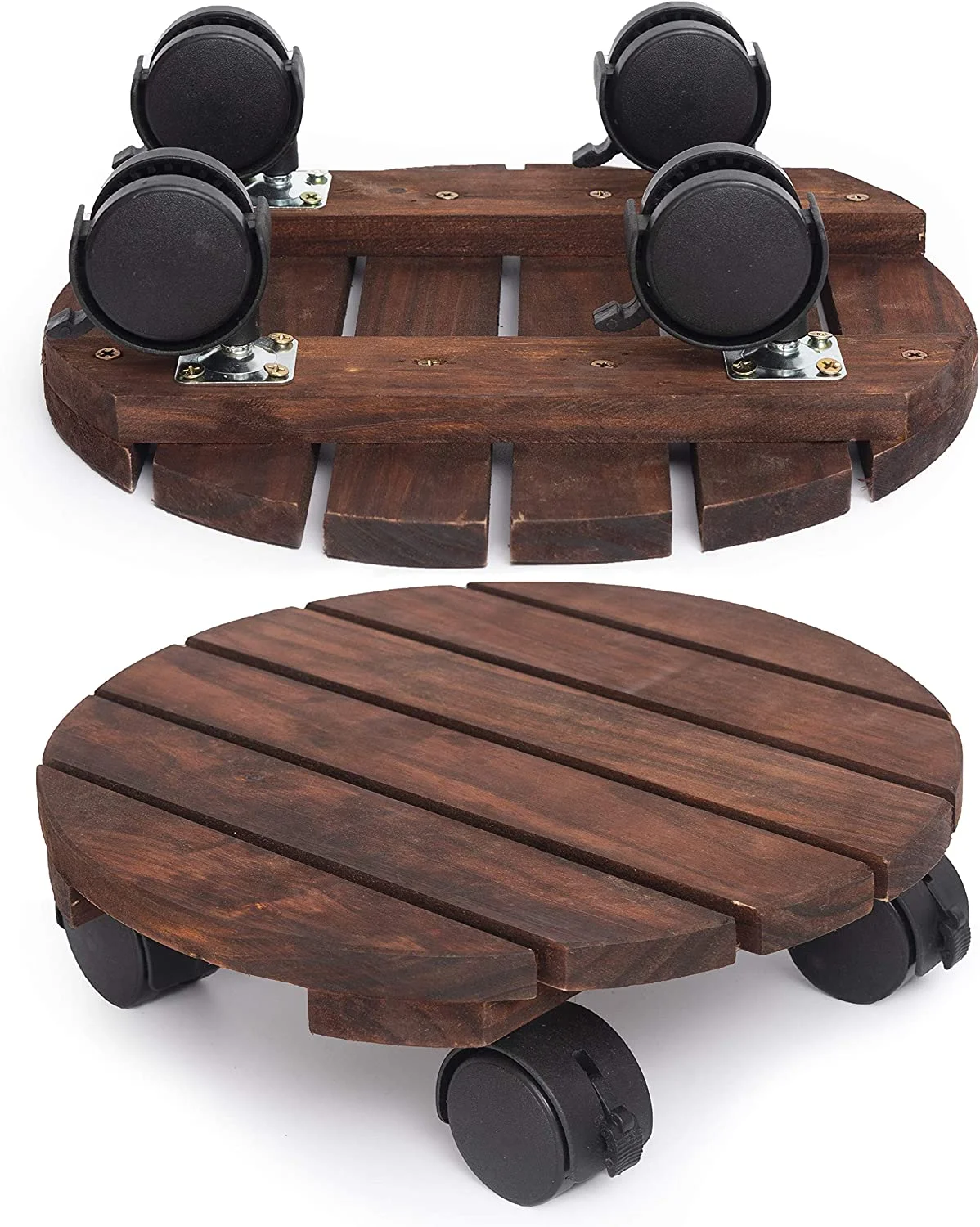 Custom Indoor Outdoor Flower Pot Caddy Rustic Round Wooden Plant Stand with Wheels