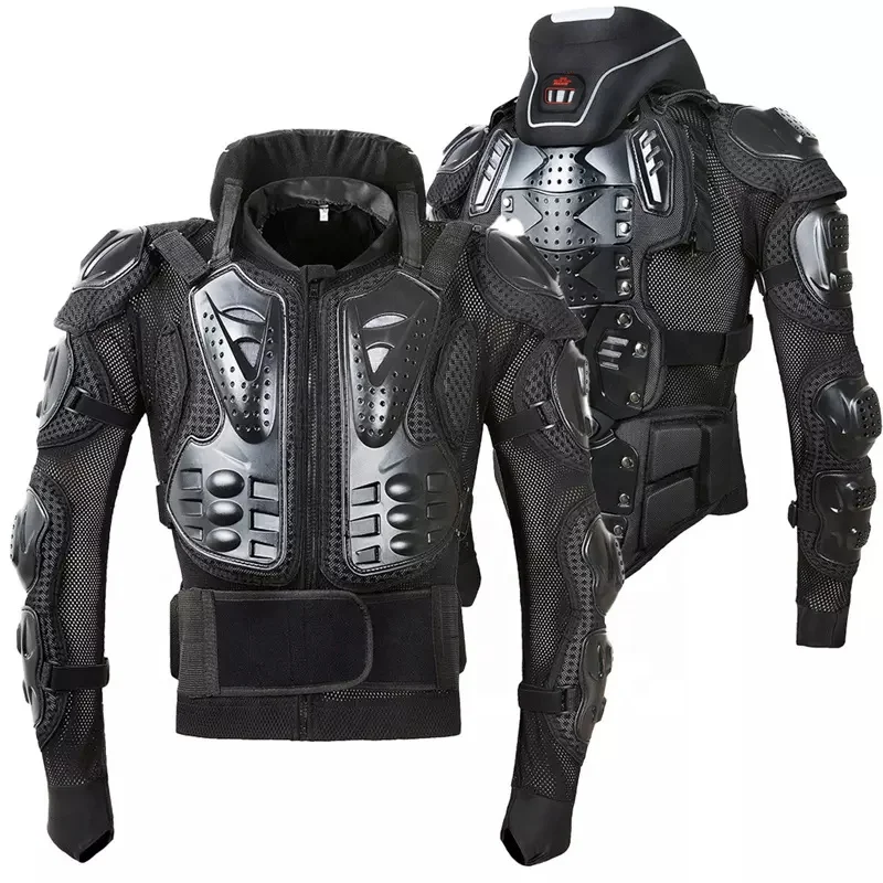 Motorcycle Racing Full Body PE Shell Armor Jacket with Breathable Mesh Cloth and Neck Guard Waterproof Cordura Leather Jacket