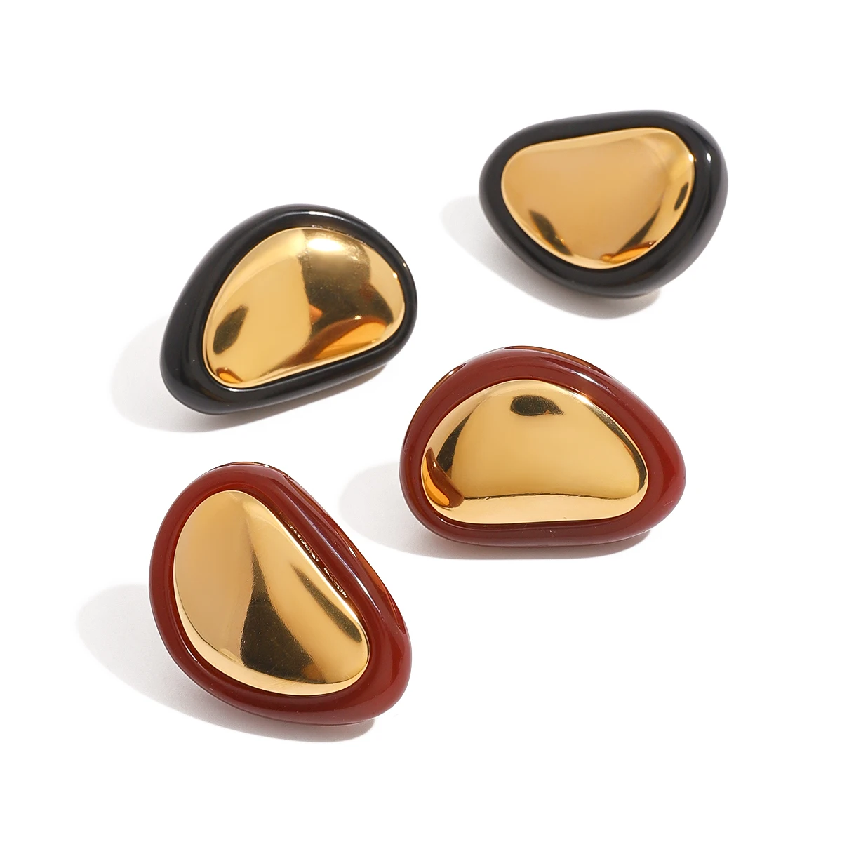 JD Design Classic Red Black Oval Drop Earring 18k PVD Gold Plated Stainless Steel Red Resin Earrings With Left and Right Sides