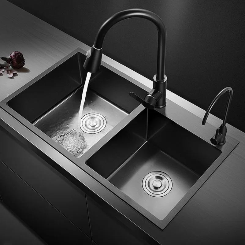 Professional Factory Square Washing Black Handmade Double Bowl Sink Tap Kitchen,  Kitchen Sink Stainless