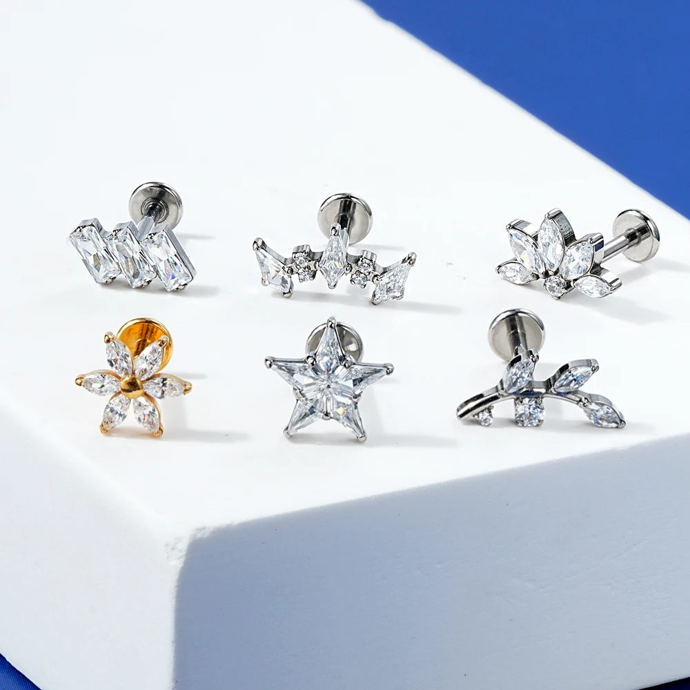 Toposh ASTM F136 G23 Push Pin Threadless Titanium Jewelry Prong Setting Zirconia Women Accessories Cartilage Earring Piercing