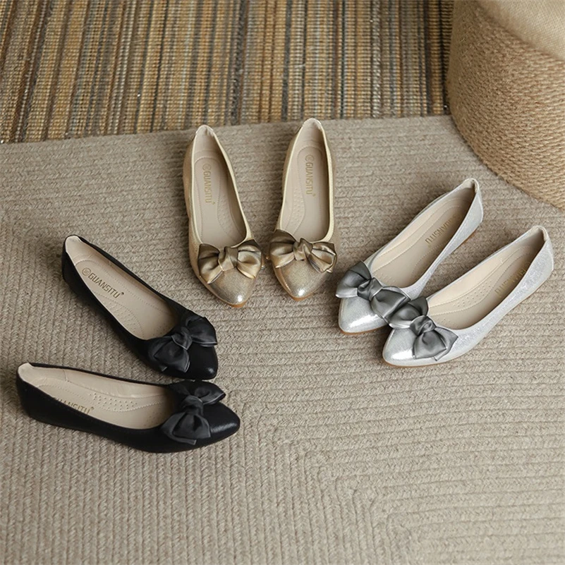 Sexy french pointed toe bowknot flat shoes for women and girls comfortable rubber sole casual flats ladies loafer shoes