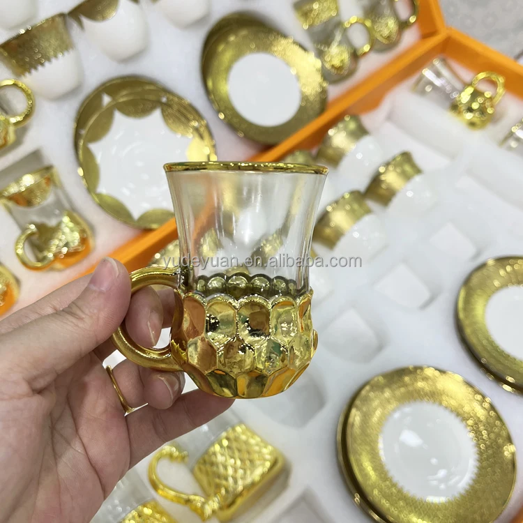 Fine Porcelain Ceramic Wholesale 18pcs&36pcs Gold Plated Coffee Tea Set Turkish Coffee Cups Saudi Arabic Glass Cup And Saucer